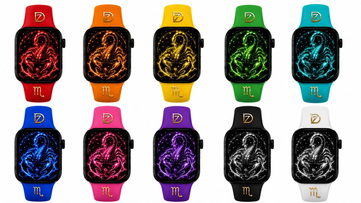 Six DOZ zodiac watch straps in red, orange, yellow, green, teal and blue